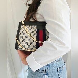 Authentic GUCCI GG Logo Navy Red Stripe Web Clutch Crossbody Shoulder Chain WOC